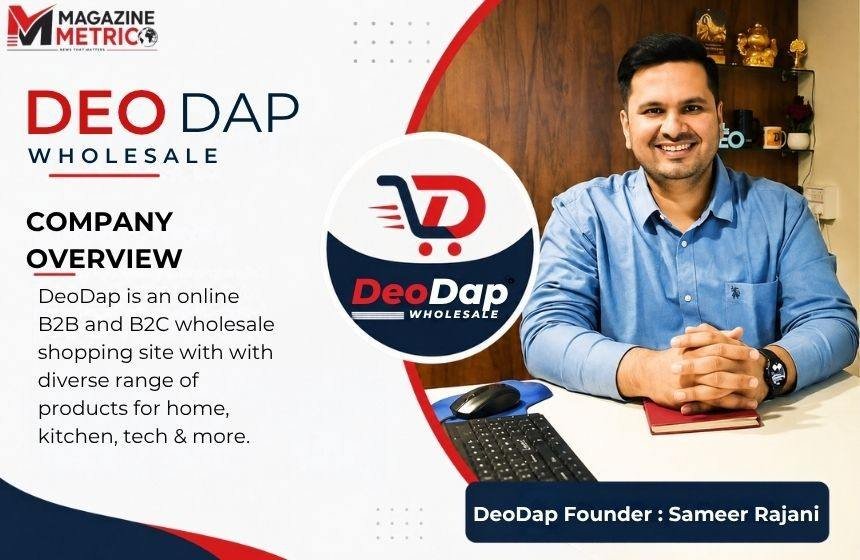 DeoDap company overview image showing the DeoDap Wholesale logo, company highlights, and its founder in a professional office setting.