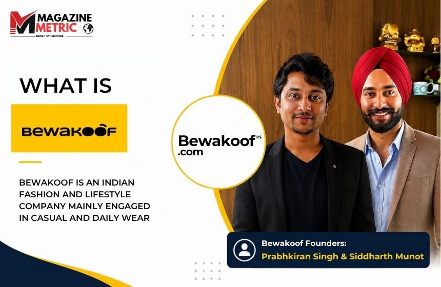 Bewakoof company overview featuring founders Prabhkiran Singh and Siddharth Munot with Bewakoof branding and Magazine Metric design