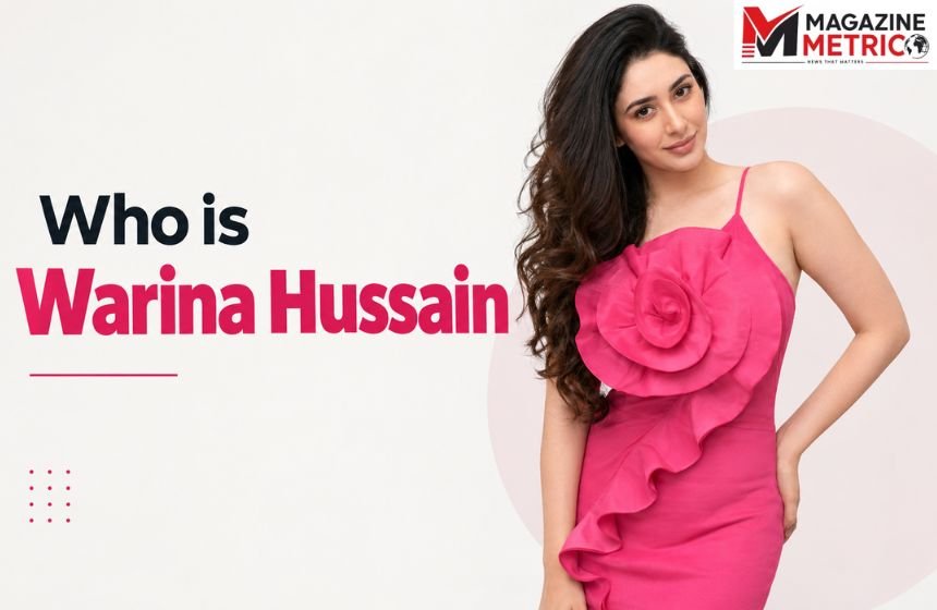 Warina Hussain in a pink dress with “Who is Warina Hussain” text